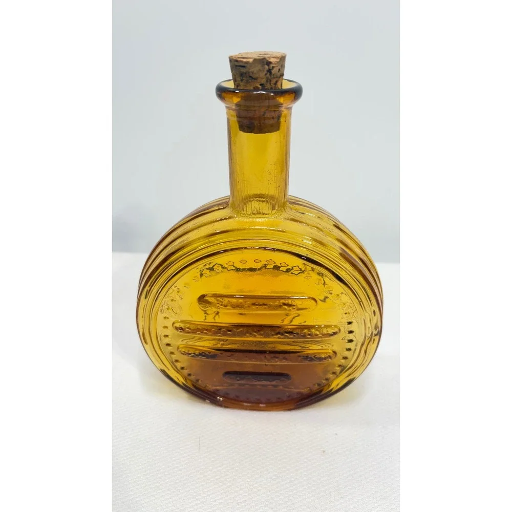 Vintage Amber Glass Bull Decanter Made in Italy Cork Stopper Round Bottle 8.5in